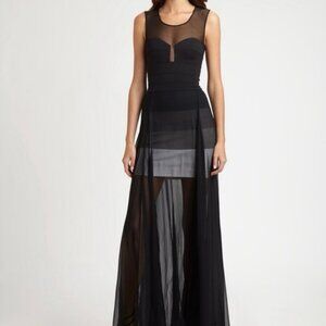 BCBGMAXAZRIA Alai Black Silk Bandage Illusion Mesh Maxi Dress Sleeveless Size S